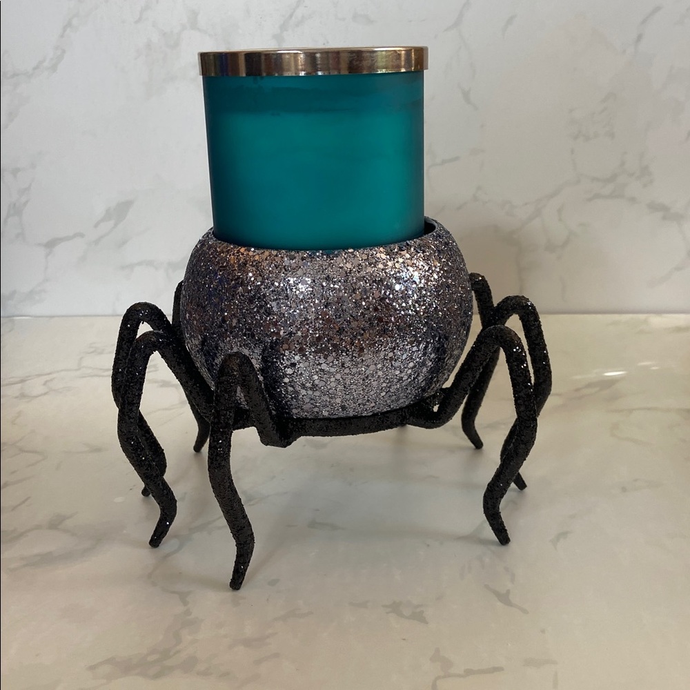 New Halloween Bath & Body Works Glitter Black Silver Bling Spider Candle Holder - Picture 3 of 7